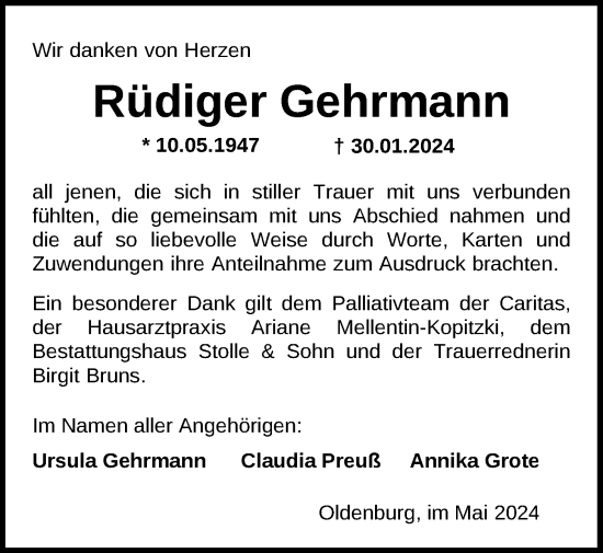 Traueranzeige von Rüdiger Gehrmann von Nordwest-Zeitung