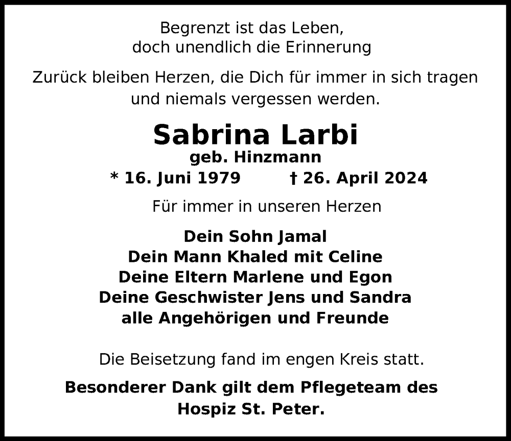  Traueranzeige für Sabrina Larbi vom 02.05.2024 aus Nordwest-Zeitung
