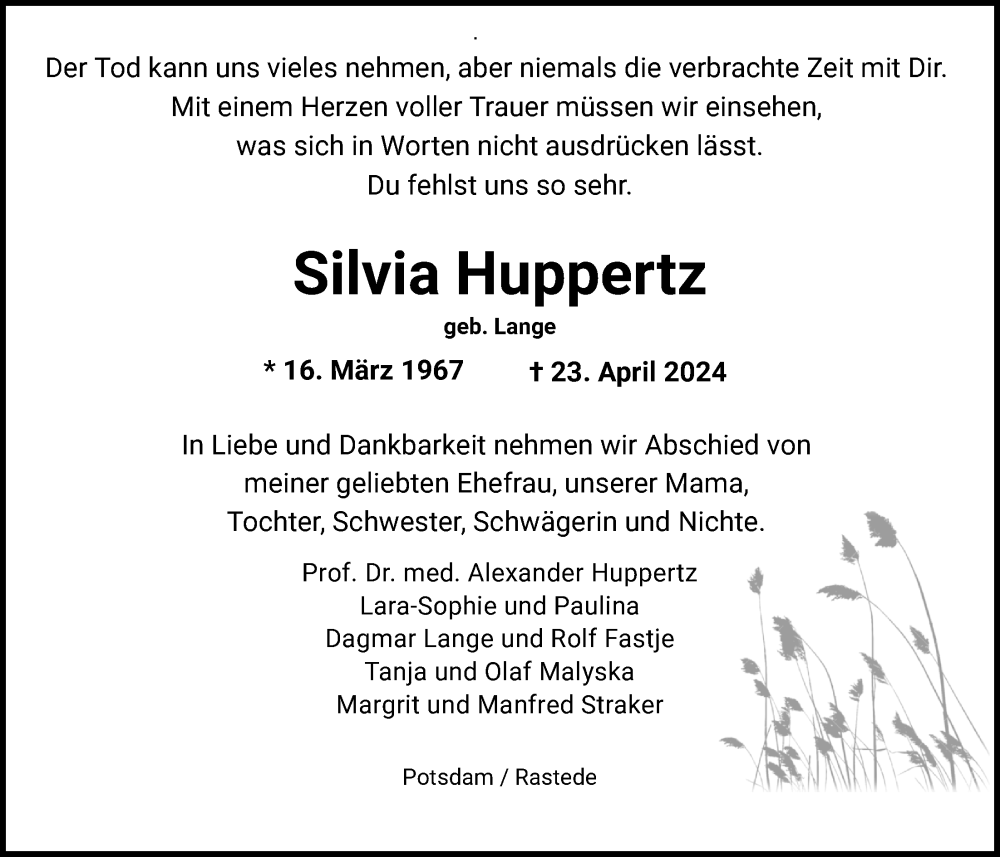  Traueranzeige für Silvia Huppertz vom 04.05.2024 aus Nordwest-Zeitung