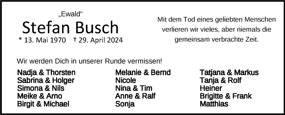  Traueranzeige für Stefan Busch vom 04.05.2024 aus Nordwest-Zeitung