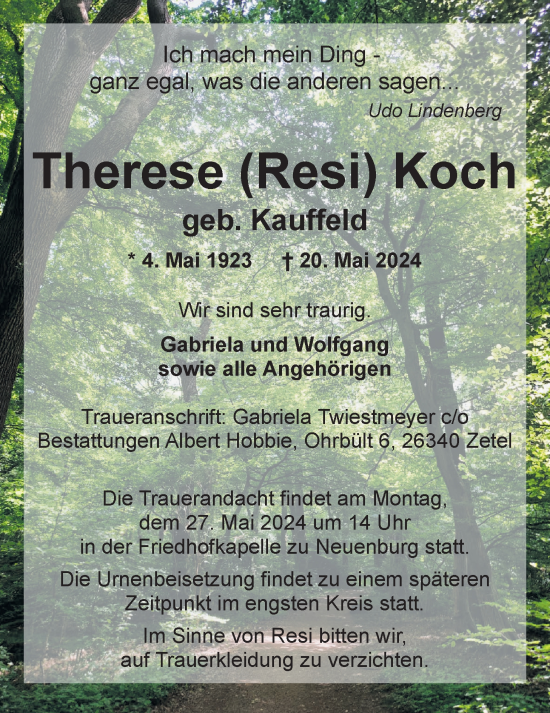 Traueranzeige von Therese Koch von Nordwest-Zeitung