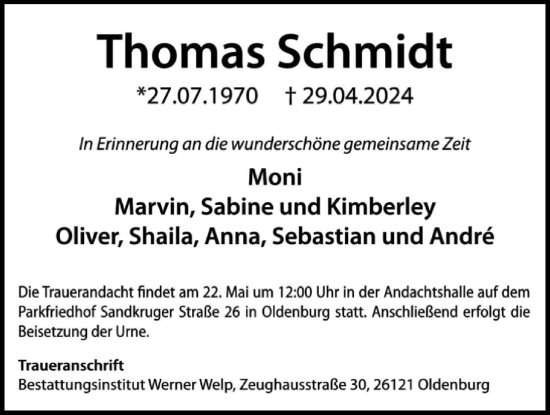 Traueranzeige von Thomas Schmidt von Nordwest-Zeitung