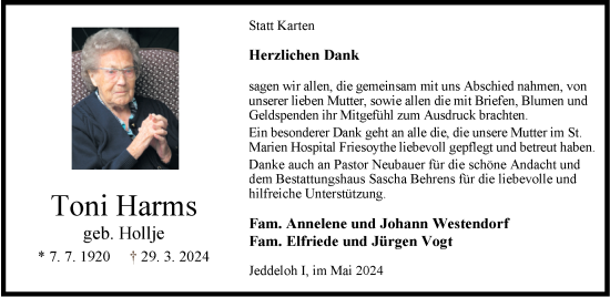 Traueranzeige von Toni Harms von Nordwest-Zeitung