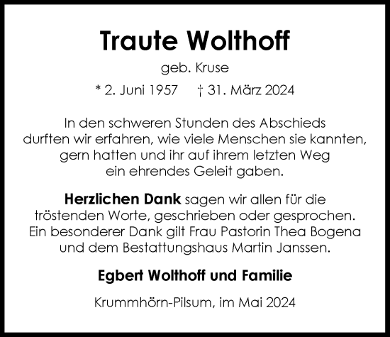 Traueranzeige von Traute Wolthoff von Emder Zeitung