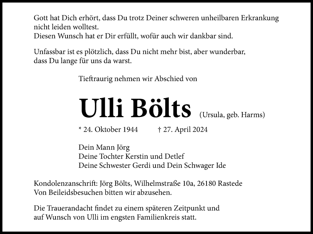  Traueranzeige für Ulli Bölts vom 11.05.2024 aus Nordwest-Zeitung