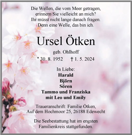 Traueranzeige von Ursel Ötken von Nordwest-Zeitung