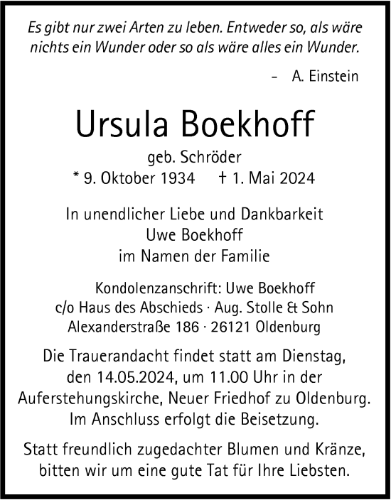 Traueranzeige von Ursula Boeckhoff von Nordwest-Zeitung