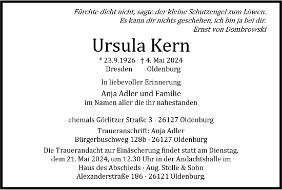 Traueranzeige von Ursula Kern von Nordwest-Zeitung