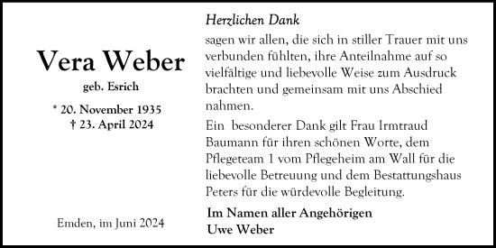 Traueranzeige von Vera Weber von Emder Zeitung