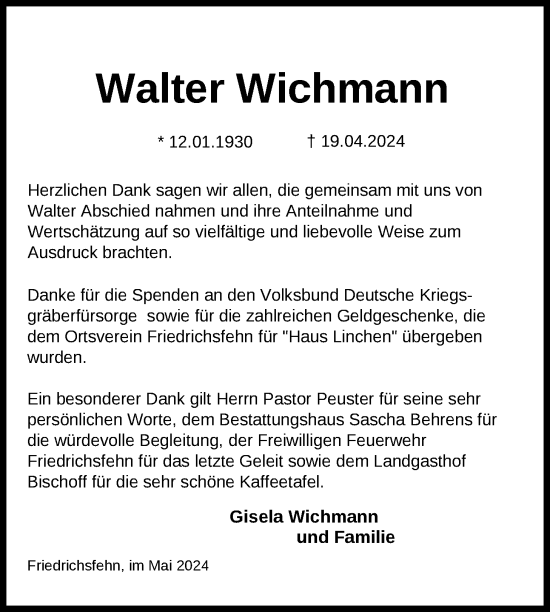 Traueranzeige von Walter Wichmann von Nordwest-Zeitung