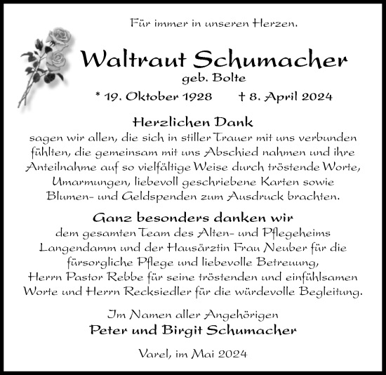 Traueranzeige von Waltraut Schumacher von Nordwest-Zeitung