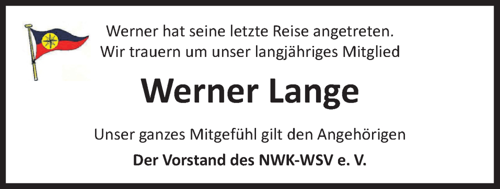  Traueranzeige für Werner Lange vom 25.05.2024 aus Nordwest-Zeitung