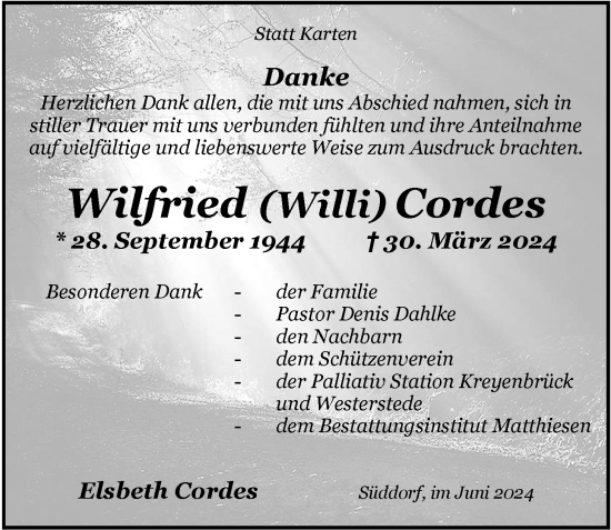 Traueranzeige von Wilfried Cordes von Nordwest-Zeitung