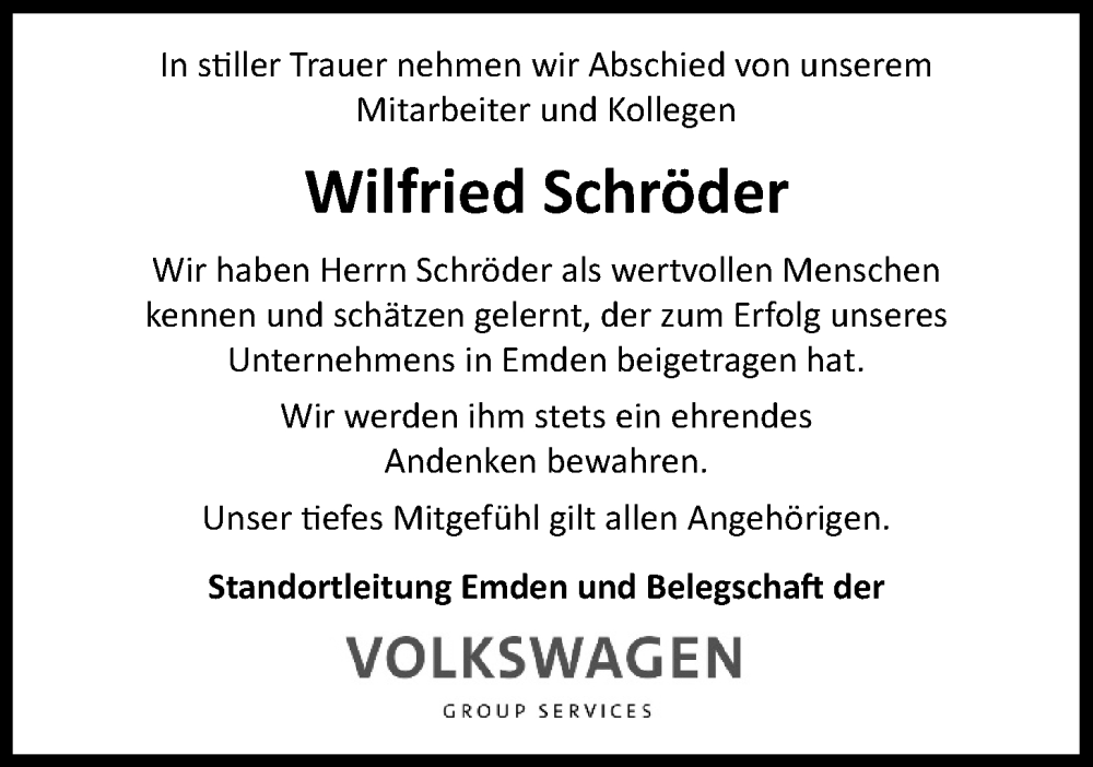  Traueranzeige für Wilfried Schröder vom 02.05.2024 aus Emder Zeitung