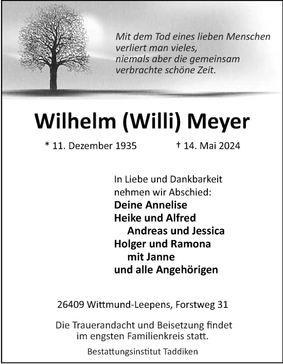 Traueranzeige von Wilhelm Meyer von WZ/JW/AH