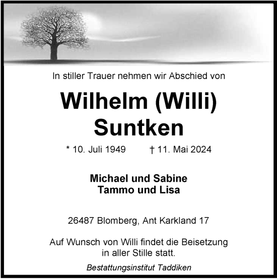 Traueranzeige von Wilhelm Suntken von WZ/JW/AH