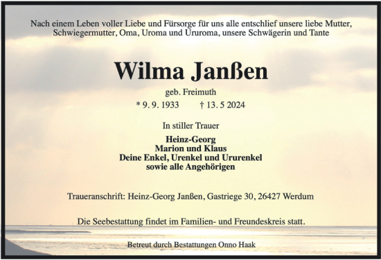 Traueranzeige von Wilma Janßen von WZ/JW/AH