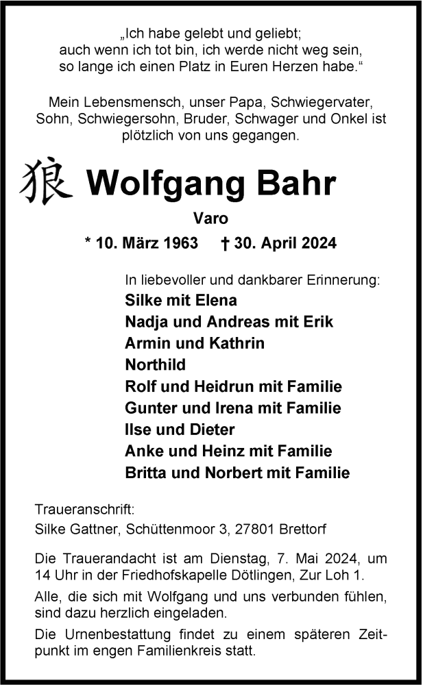  Traueranzeige für Wolfgang Bahr vom 04.05.2024 aus Nordwest-Zeitung