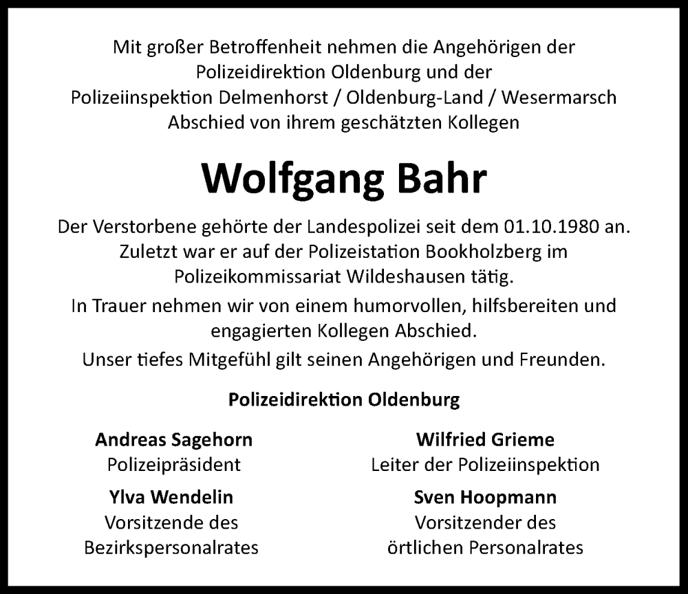  Traueranzeige für Wolfgang Bahr vom 04.05.2024 aus Nordwest-Zeitung
