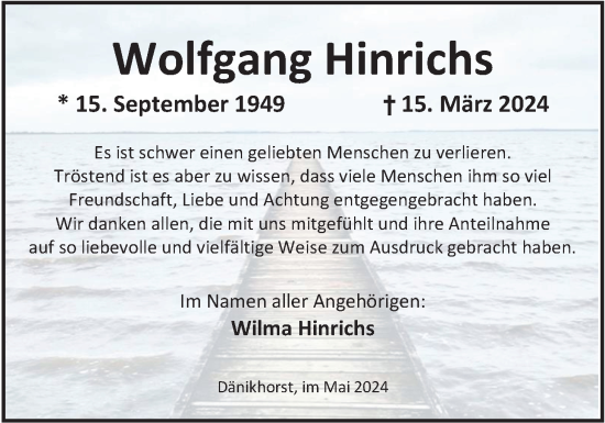 Traueranzeige von Wolfgang Hinrichs von Nordwest-Zeitung