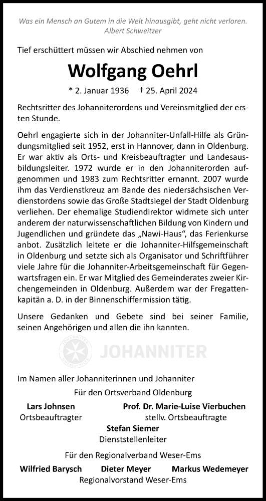 Traueranzeige von Wolfgang Oehrl von Nordwest-Zeitung