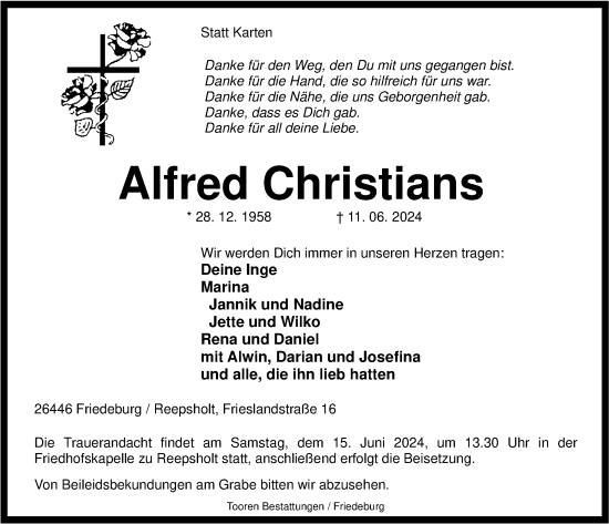 Traueranzeige von Alfred Christians von WZ/JW/AH