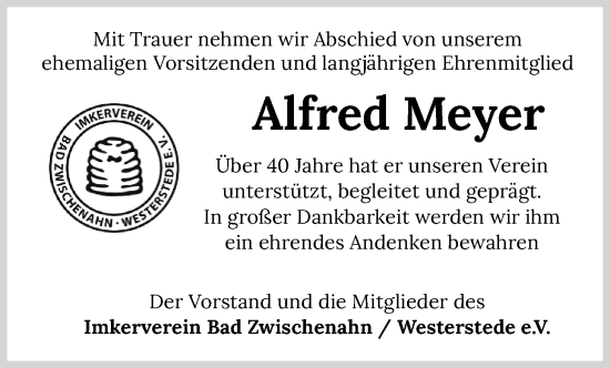 Traueranzeige von Alfred Meyer von Nordwest-Zeitung