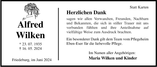 Traueranzeige von Alfred Wilken von WZ/JW/AH