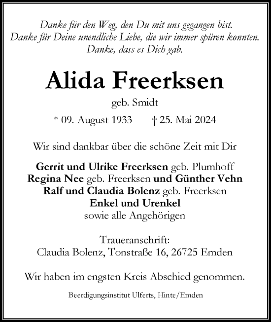 Traueranzeige von Alida Freerksen von Emder Zeitung