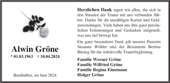 Traueranzeige von Alwin Gröne von Nordwest-Zeitung