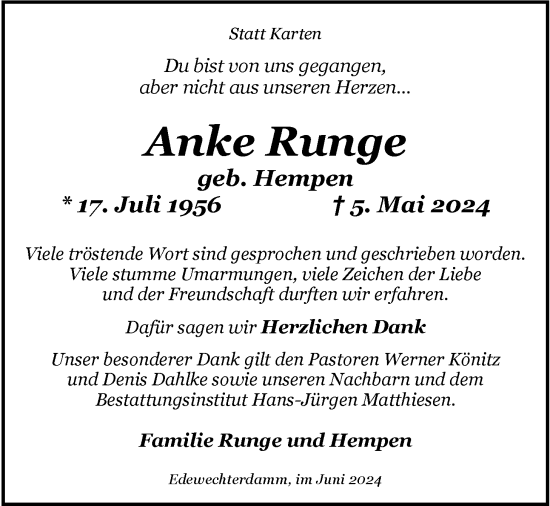 Traueranzeige von Anke Runge von Nordwest-Zeitung