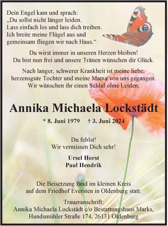 Traueranzeige von Annika Michaela Lockstädt von Nordwest-Zeitung