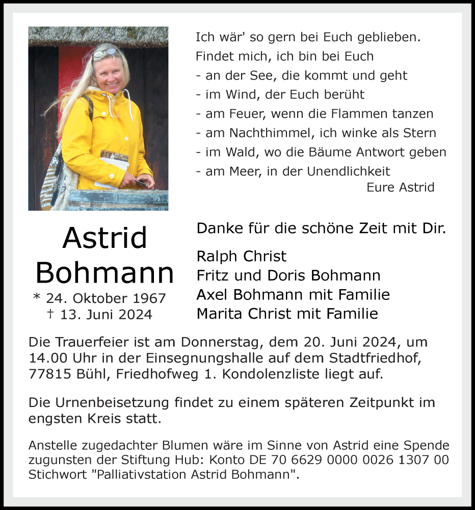  Traueranzeige für Astrid Bohmann vom 15.06.2024 aus Nordwest-Zeitung