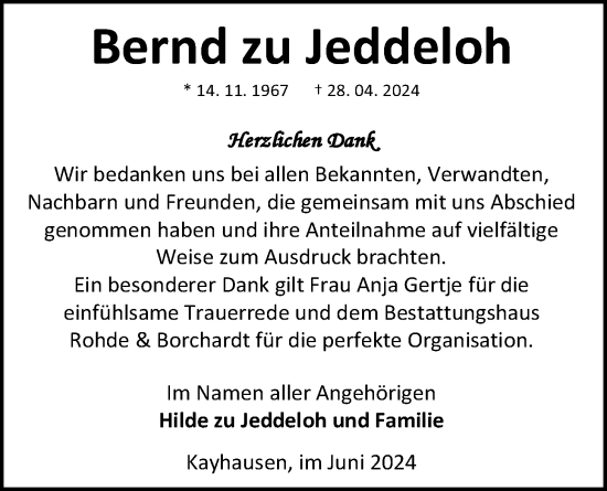 Traueranzeige von Bernd zu Jeddeloh von Nordwest-Zeitung