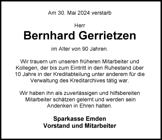 Traueranzeige von Bernhard Gerrietzen von Emder Zeitung