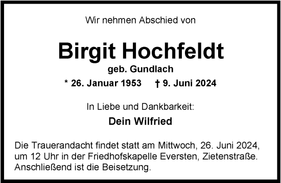 Traueranzeige von Birgit Hochfeldt von Nordwest-Zeitung