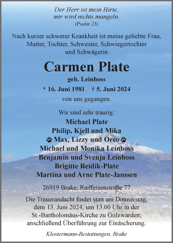  Traueranzeige für Carmen Plate vom 11.06.2024 aus Nordwest-Zeitung