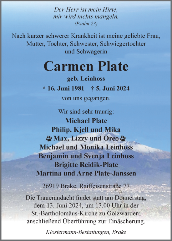 Traueranzeige von Carmen Plate von Nordwest-Zeitung