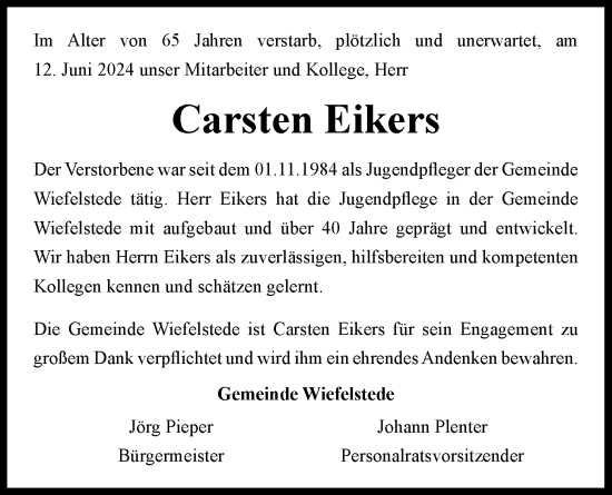 Traueranzeige von Carsten Eikers von Nordwest-Zeitung