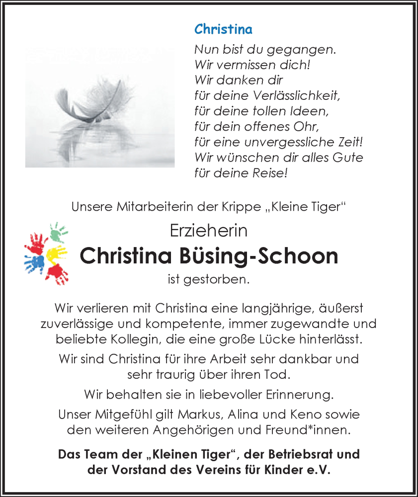  Traueranzeige für Christina Büsing-Schoon vom 29.06.2024 aus Nordwest-Zeitung