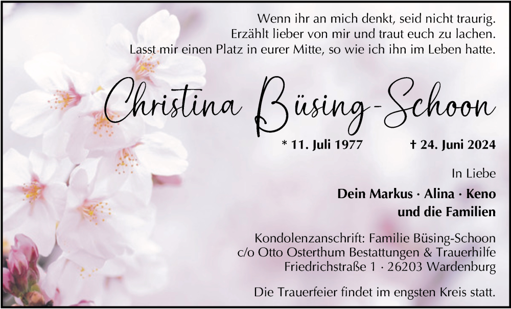  Traueranzeige für Christina Büsing-Schoon vom 29.06.2024 aus Nordwest-Zeitung