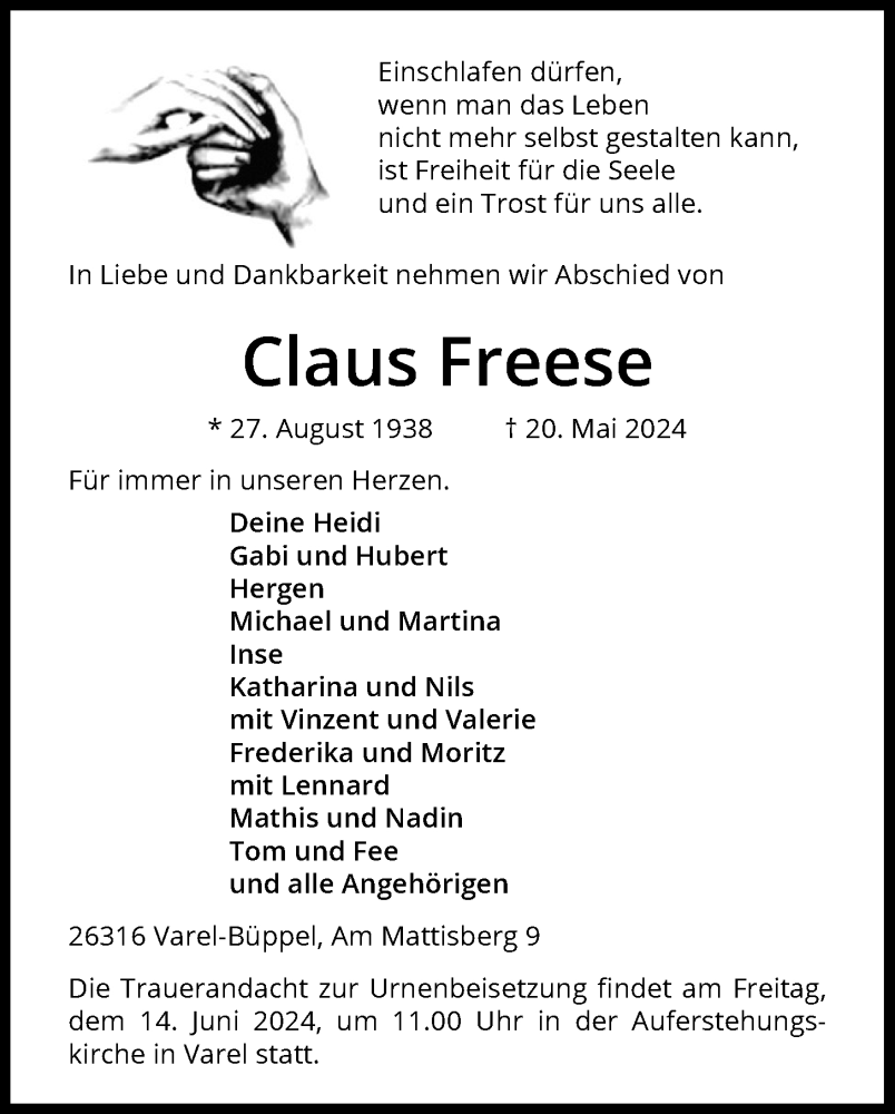  Traueranzeige für Claus Freese vom 07.06.2024 aus Nordwest-Zeitung