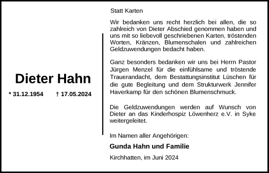 Traueranzeige von Dieter Hahn von Nordwest-Zeitung