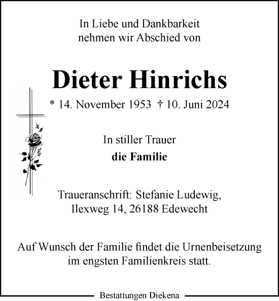 Traueranzeige von Dieter Hinrichs von Emder Zeitung