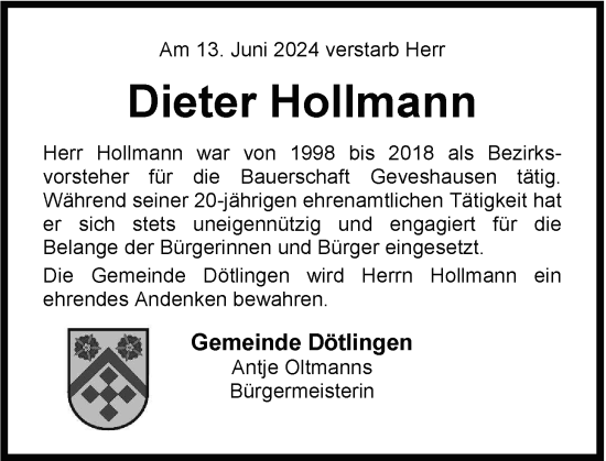 Traueranzeige von Dieter Hollmann von Nordwest-Zeitung