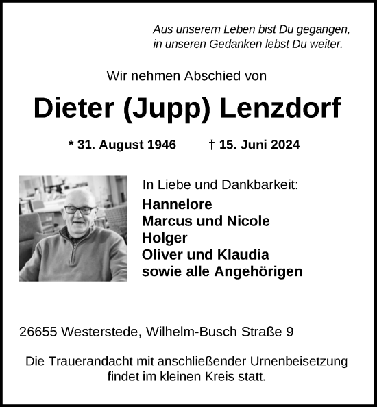 Traueranzeige von Dieter Lenzdorf von Nordwest-Zeitung