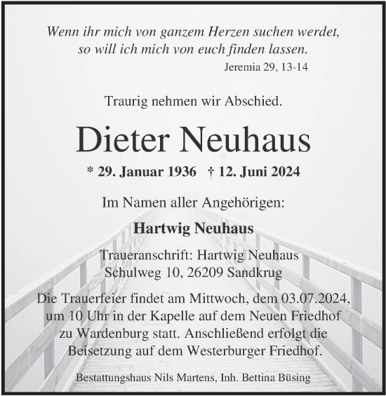 Traueranzeige von Dieter Neuhaus von Nordwest-Zeitung