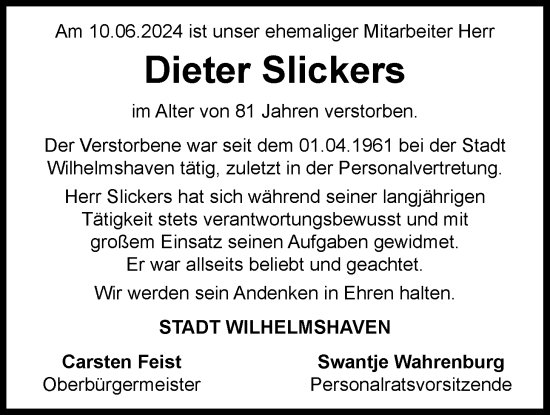 Traueranzeige von Dieter Slickers von WZ/JW/AH