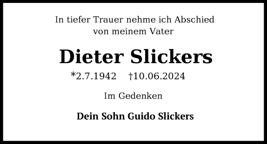 Traueranzeige von Dieter Slickers von WZ/JW/AH