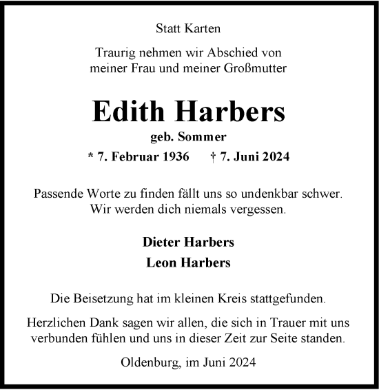 Traueranzeige von Edith Harbers von Nordwest-Zeitung